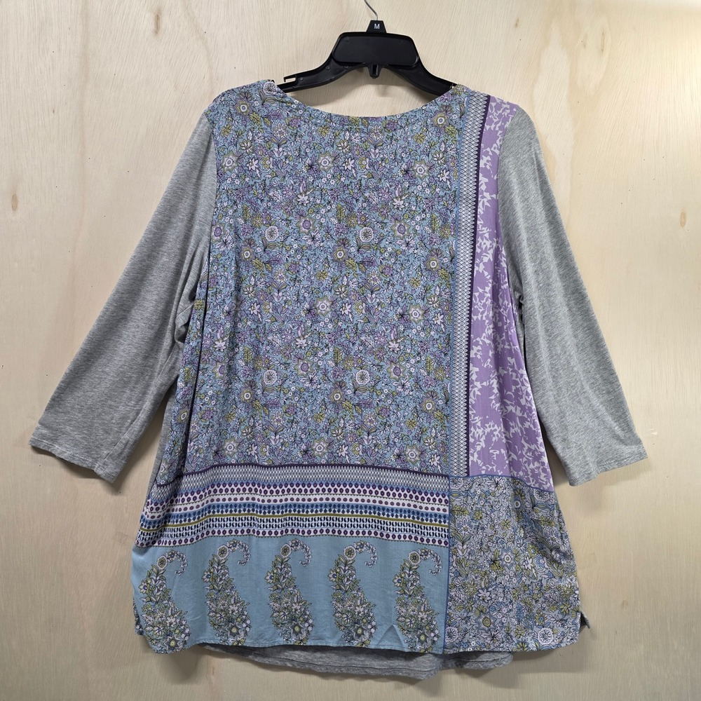 J. Jill Women L Grey Mixed Media Floral Paisley Patchwork 3/4 Sleeve Tunic Top